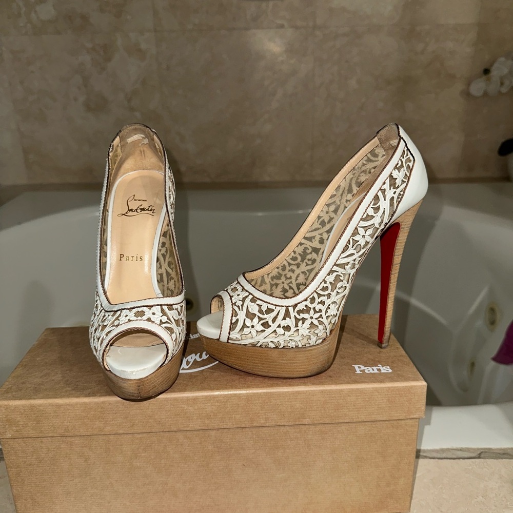 Christian Louboutin Cream and Brown Peep-Toe Heels